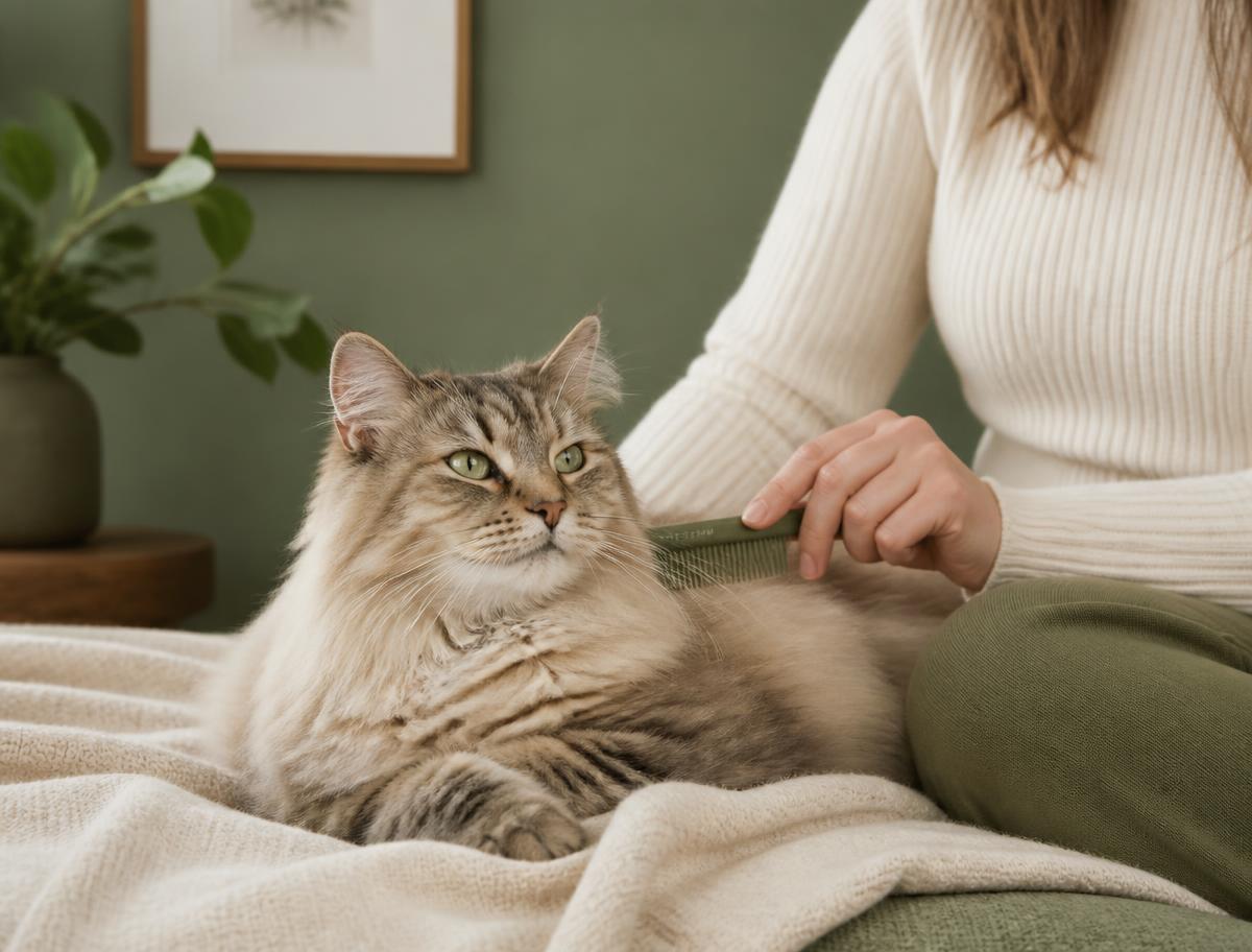 A long-haired cat being combed calmly at home