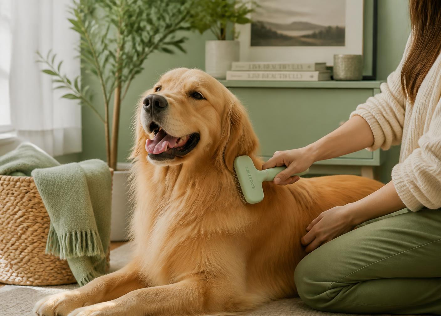 A golden retriever being brushed at home with the PawPerfect slicker brush